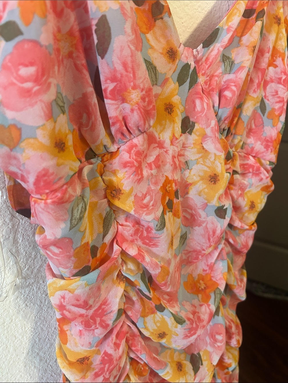 Floral Ruched Mini Dress in Pink and Orange - Picture 3 of 3
